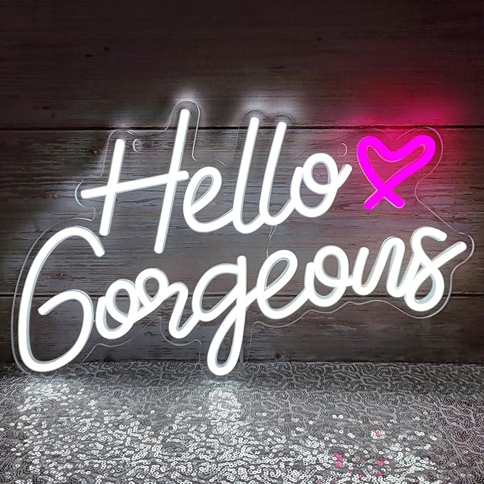Hello Gorgeous Neon Signs Hello Beautiful LED Neon Lights Dimmable LED Light Sign for Home Wedding Birthday Backdrop Bacelorette Party Decoration, White