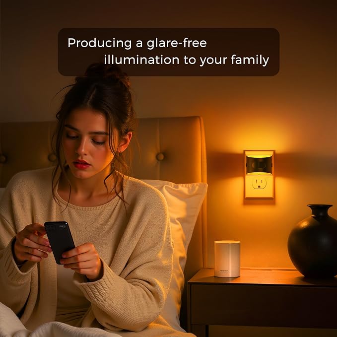 L LOHAS LED Motion Sensor Night Light, Night Lights Plug into Wall, 2 Pack | Nightlight with Dusk to Dawn & Motion Detection Sensor, 30-100Lm Adjustable Brightness, 1600K Amber Light, Black Housing