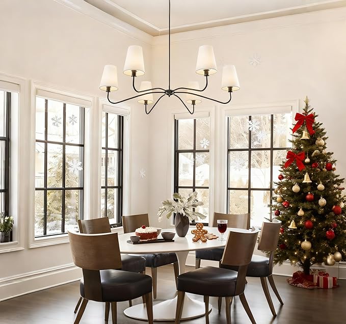 47'' Modern Chandelier with Shades, Farmhouse Chandeliers for Dining Room Light Fixture, 6-Light Large Black Chandelier, Height Adjustable Traditional Chandeliers for Living Room Kitchen E12 Base