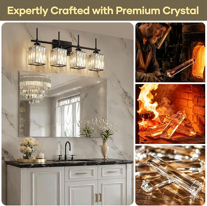 Torondo Modern Crystal Bathroom Vanity Light 4-Lights Matte Black Bathroom Light Fixtures Over Mirror Matte Black Vanity Lighting Fixtures Square Shade Brass Wall Sconce (Bulbs Not Include)