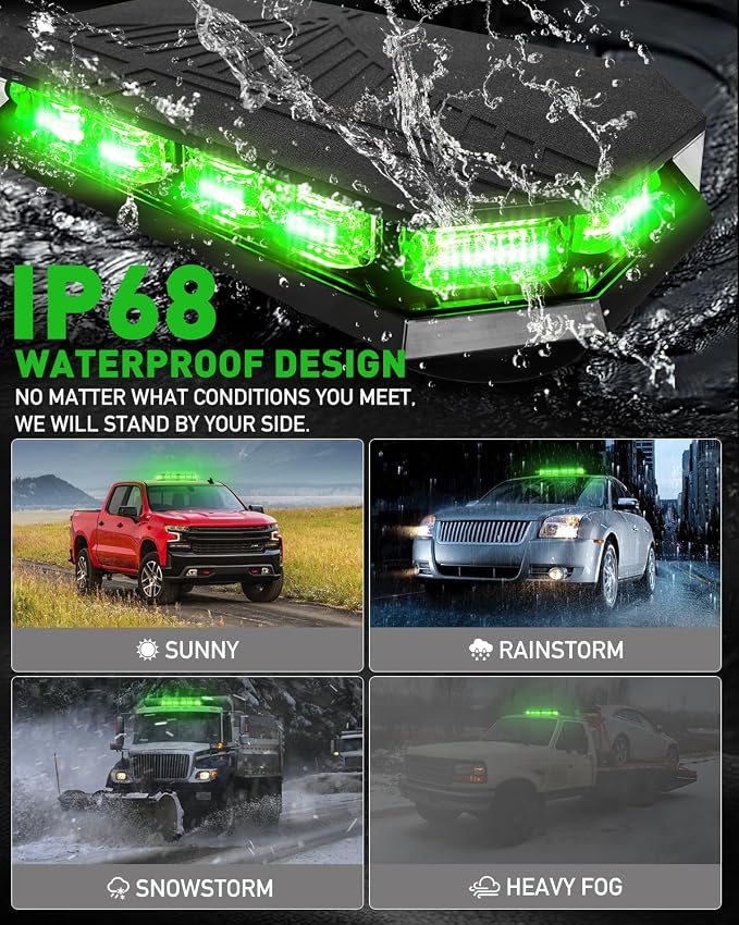 HLauto 406D Rooftop Emergency Strobe Lights Bar, 102 LED Green Mini Beacon Safety Flashing Warning Traffic Lights Bar w/Magnetic Base for 12-24V Trucks, Construction Vehicles, Snowplow, Cars