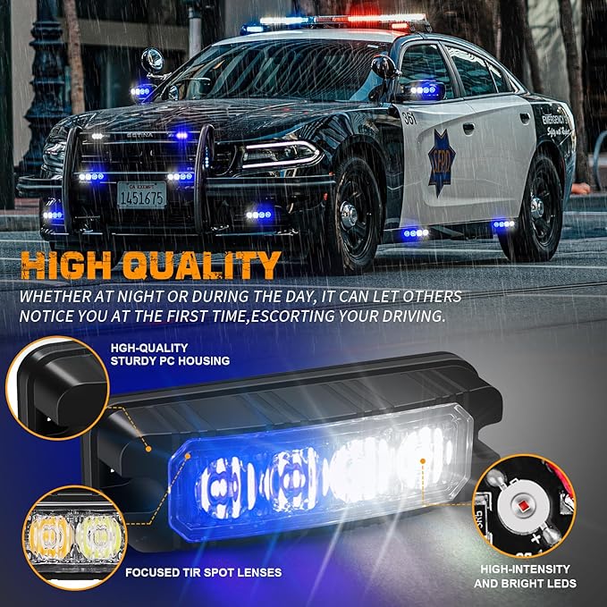 XRIDONSEN 8PCS Sync Blue White Grill Emergency Lights 32 LED Surface Mount Firefighter Police Lights Strobe Flashing Warning Safety Hazard First Responder Light for Vehicles Firefighters POV Trucks