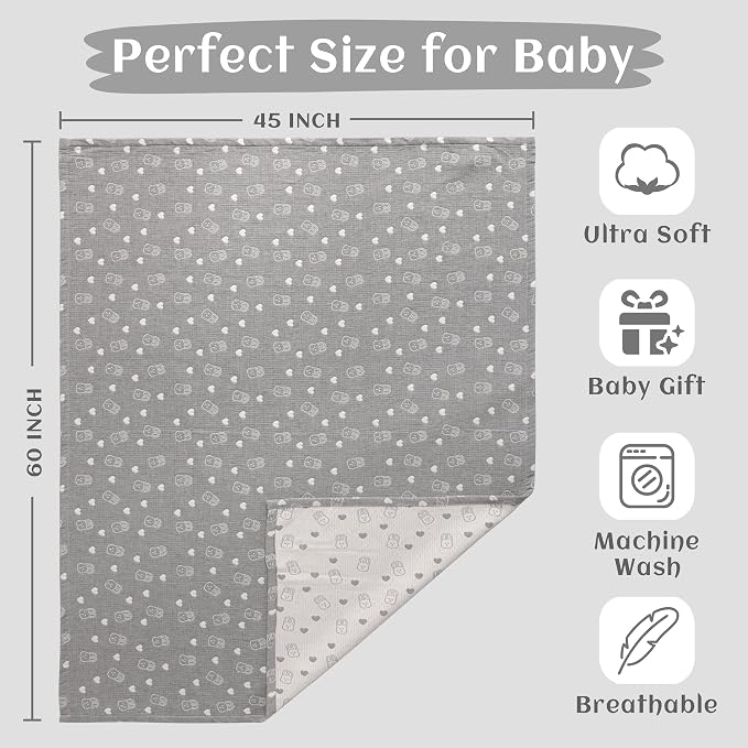 NTBAY 3 Layer Oversized Muslin Toddler Blanket, 45 x 60, Dark Grey Rabbit | Muslin Cotton Outer Layers with Light Thermal Fiber Fill, Reversible Blanket for Daycare, Travel, Naps, and Supervised Use
