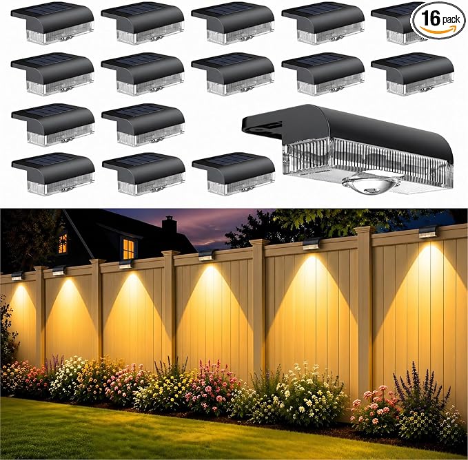 16PK Solar Fence Lights Outdoor Waterproof, 12H Step Lights for Yard | IP55 Waterproof, 12H Runtime, 50LM Bright, for Stairs Deck Patio Fence