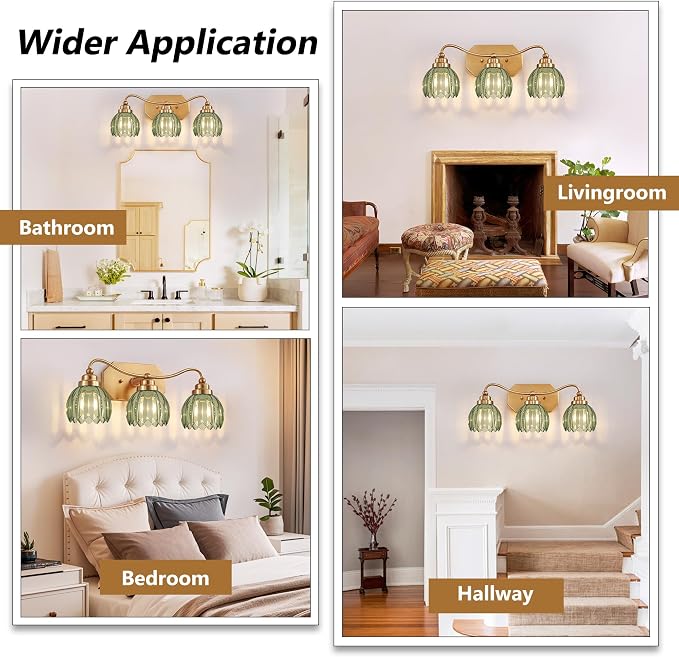 Vintage Gold Vanity Lights, 3 Light Tulip Crystal, Antique Brass Finish | Brushed Gold Bathroom Light Fixtures, Green Wall Sconce Ideal for Bedroom, Living Room, E26 Compatible, Easy Install