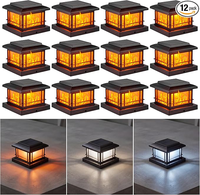 JOFIOS Flickering Flame Solar Post Cap Lights Outdoor, Black Post Lights with 3 Color Temperature, Fits 3.5" 4" 4.5" 5" Wood/Vinyl Posts, IP64 Waterproof Fence Deck Lights for Garden Patio Yard 12Pack