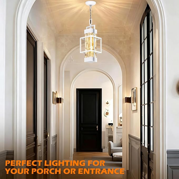 Hotsonic 15'' White Outdoor Indoor Pendant Celing Light Fixture, Modern Exterior Hanging Chandelier Porch Lights, Aluminum Outside Lantern Lamp for Entrance Foyer Entryway (Bulb Included)