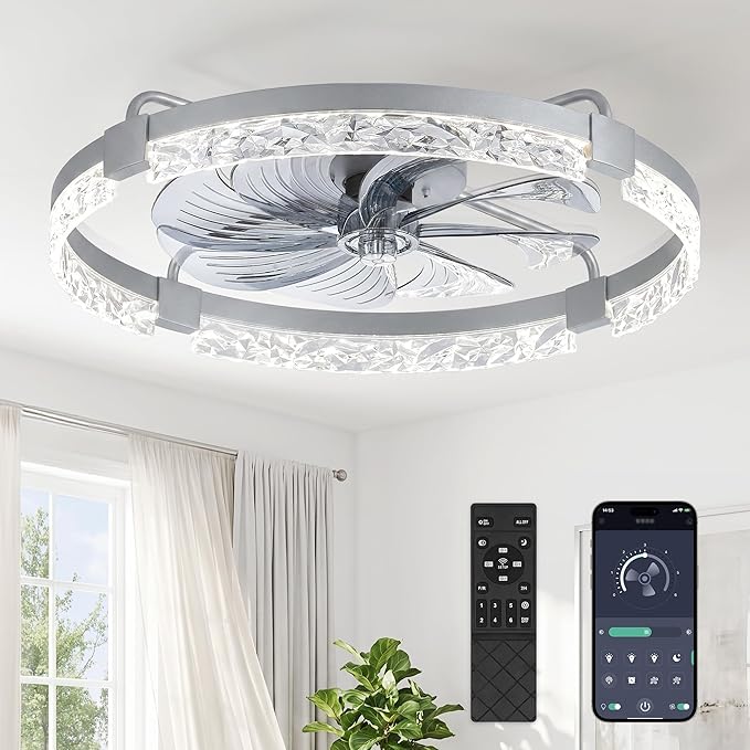 ZMISHIBO 24 Inch Ceiling Fans with Lights, Flush Mount Remote & App Control | 3CCT Dimmable LED, DC Motor, Bladeless, Reversible Blade, 6 Speeds, Modern, Low Profile, Enclosed, Bedroom, Kids, Girl, Adult