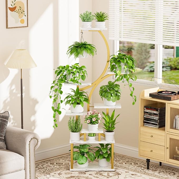 BACEKOLL Plant Stand Indoor with Grow Light, 8 Tier Corner Plant Shelf Tall | 62" Lighted Flower Holder for Plant Multiple, Space-Saving Beautiful Display Growing Rack for Home, Sturdy Metal, Faux Marble
