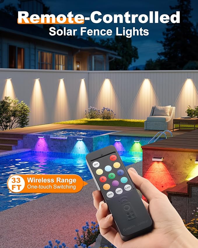 VOLISUN Solar Fence Lights with Remote Control, 50 Lumen LED Fence Lights Solar Powered, IP65 Waterproof, 10 RGB Color Long-Lasting Solar Lights for Backyard Garden Deck Patio Railing (8 Pack)