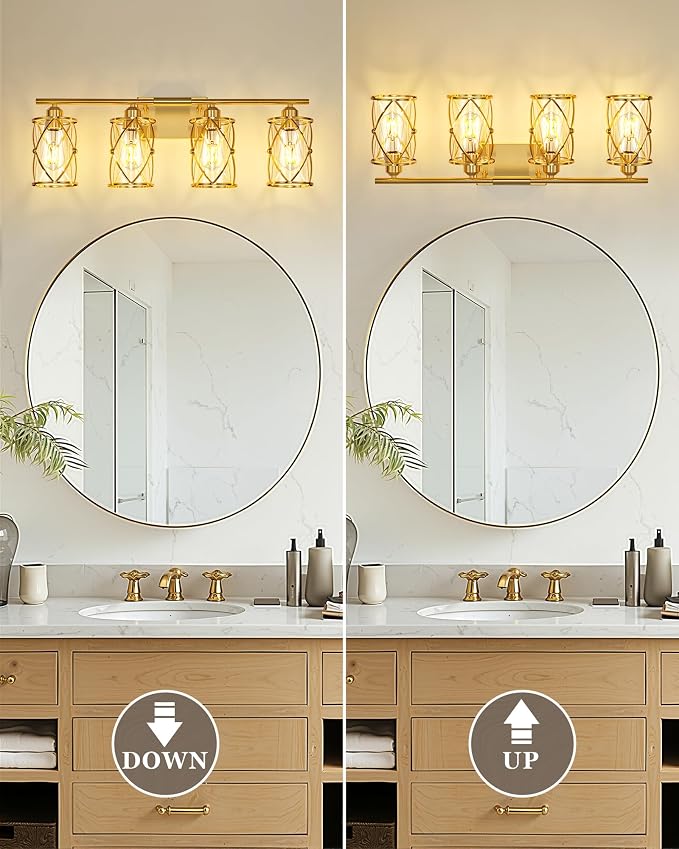 4-Light Brushed Gold Bathroom Light Fixtures, 29 Inch Modern Bathroom Vanity Lighting Fixtures Over Mirror with Clear Glass and Metal Cage Wall Sconce Lights for Bath, E26, CH9176BG-4W