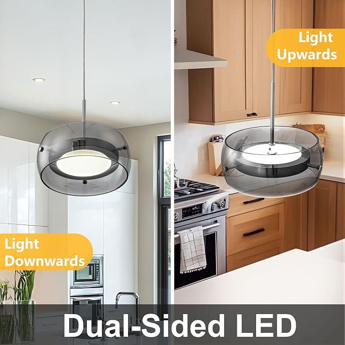Modern Pendant Lights Kitchen Island, Dual-Sided LED 3-CCT Dimmable Smoked Glass Hanging Lighting Fixture, Adjustable Cable for Dining Room, Bar, Over Table, Sloped Ceiling Chrome Silver