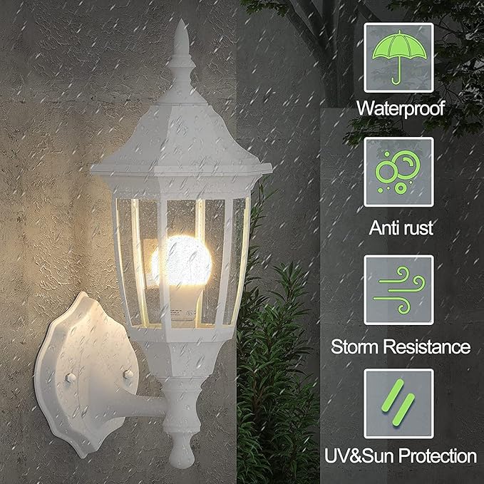 EMART Plastic Outdoor Wall Light Fixtures with Bulbs, Waterproof and Anti-Corrosion Porch Sconces, Exterior Lanterns Wall Mount Lamp for Outside, Garage, Front Door, House, Patio, 2 Pack, White