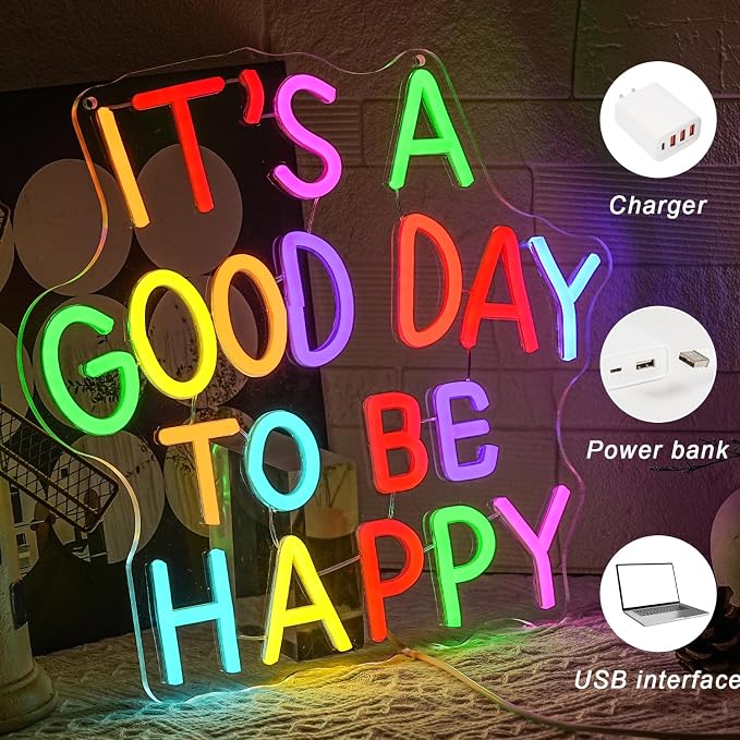 It's A Good Day To Be Happy Neon Sign for Wall Decor Art Neon Light Classroom Neon Sign Colorful Letter LED Sign for Classroom Libray Wedding Birthday Gallery Studio