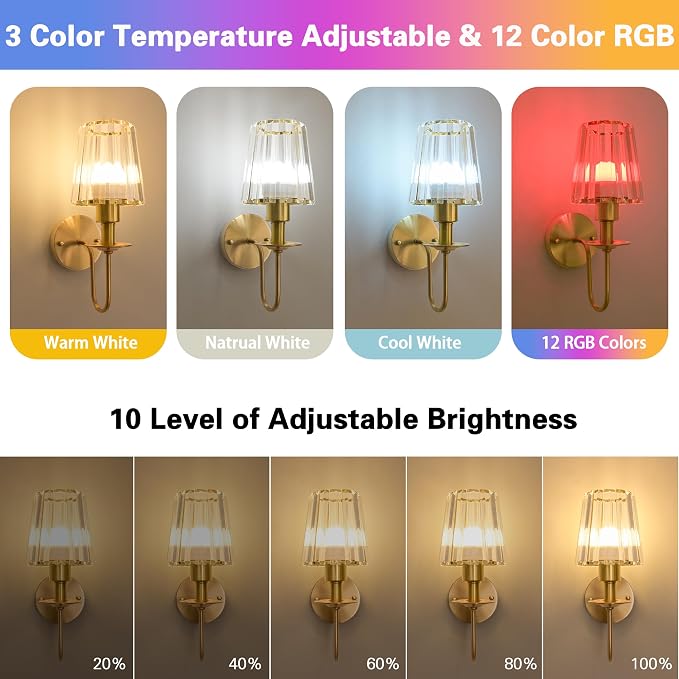 Battery Operated Wall Sconces Set of 2, Gold Crystal Wall Lights | 5200mAh rechargeable wall lights with magnetic bulbs, remote control, 15 colors, 10-level dimming and timer for bedrooms