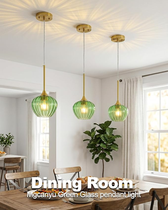 Green Glass Pendant Lights Kitchen Island, 7.7" Vintage Pendant Lighting with Brushed Gold Adjustable Hanging Light Fixtures for Kitchen, Dining Room, Sink, Bathroom