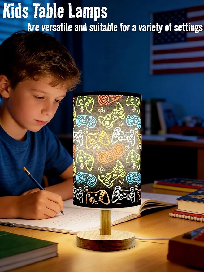 Video Game Table Lamp,Night Light for Kids Room,Cartoon Bedside Lamp 3-Color Dimmable LED Desk Lamp with Linen Lampshade and Wood Base for Bedroom Living Study Home Decor for Practical Gift for Boys