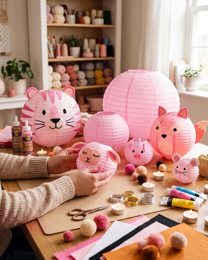 Treela 48 Pcs Paper Lanterns Party Decorations Chinese Round Paper Decor 4/6/8/10 Inch Asian Hanging Lamps Decorative for Graduate Wedding Birthday Party Bridal Parties Supplies (Pink)