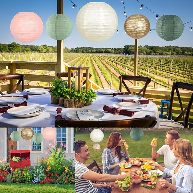 12Pcs Paper Lanterns 6”, 8”, 10”, 12”,Paperlanterns Party Decoration, Sage Green Gold Ivory Pink Paper Lanterns for Wedding, Bridal, Birthday, Outdoor, Home, Garden, Holiday and Party.