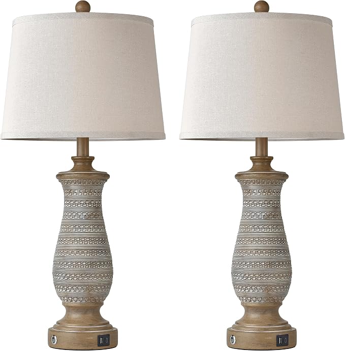 Living Room Lamps Set of 2, Table Lamps for Bedroom, Farmhouse Lamps for Nightstand with Oatmeal Linen Lampshade (Wood Grain-2)