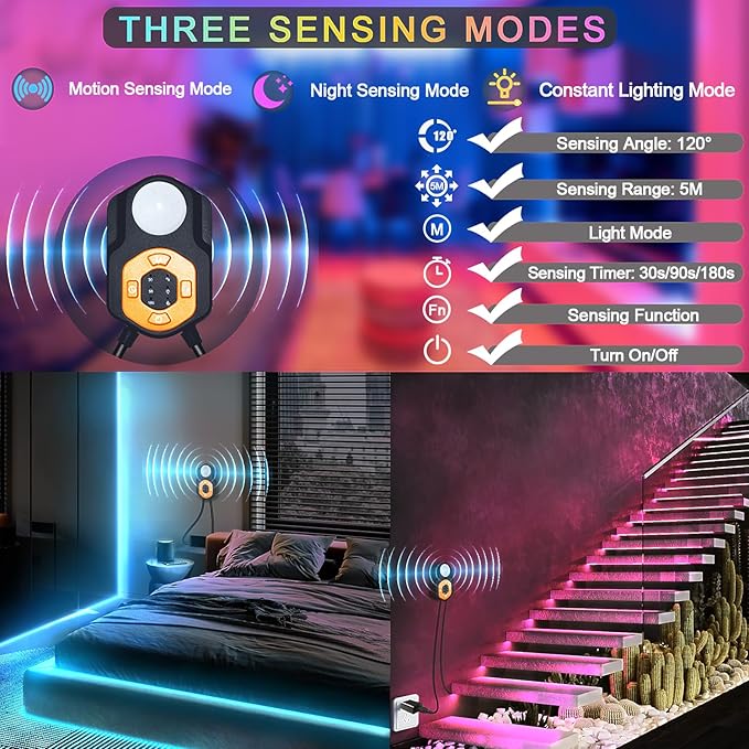 Meiyue LED Strip Light Motion Sensor Under Bed Lights 9.84FT RGB,Remote/APP Control,Dimmable,Music Sync,Auto-Off Timer,Motion Activated Led TV Night Light for Bed Stair Cabinet Party Computer Desk