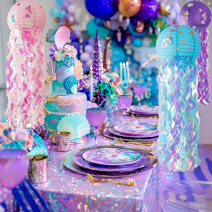 12" Colorful Jellyfish Lanterns - Mermaid Birthday Party Decorations, Under the Sea & Ocean Theme Hanging Jellyfish Decor for Classroom, Nautical Events, and Underwater Adventure (Set of 6)