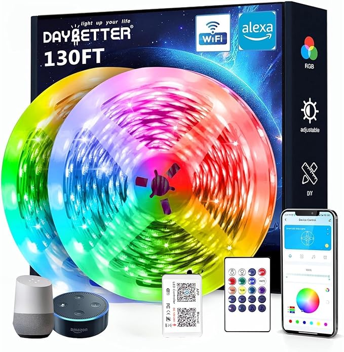DAYBETTER 130ft Smart WiFi Led Lights, Led Strip Lights Work with Alexa and Google Assistant, App Voice Remote Control Music Sync Color Changing RGB Strip Lighting for Bedroom Room Decor, 65.6ft *2
