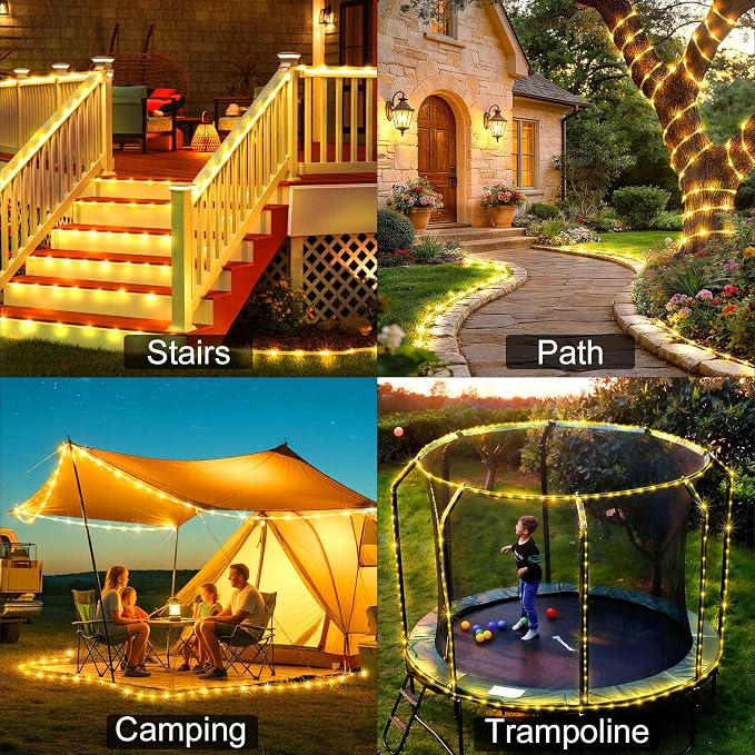 KNONEW Solar Rope Lights Outdoor 300LED 50FT Solar String Lights Outside Waterproof with Modes Clear Thin Tube for Pool Tree Patio Garden Fence Camping Yard Deck Trampoline（Warm White）