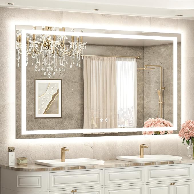55 x 36 LED Light up Bathroom Mirror, Brighter Lighted Bathroom Vanity Mirror with Led Lights, Front and Backlit 3-Color Dimmable Anti Fog Illuminated Mirror, Waterproof, Shatterproof