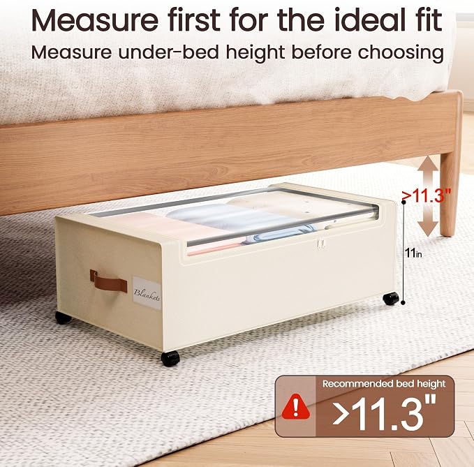 Yecaye 95L Under Bed Storage Containers, Fits 11" Under Bed, 2 Pack, Beige | XXL Capacity, 360° Rolling Wheels, Sturdy Metal Frame, Clear Window & Label, Storage Bins for Clothes, Shoes, Blankets