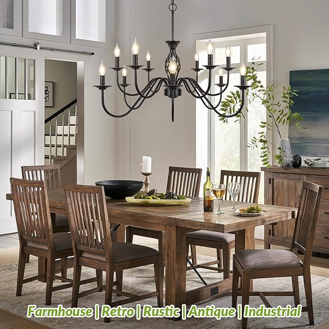 12-Light Farmhouse Candle Chandelier for Living Room, Rustic Industrial Pendant Ceiling Light Fixture, Vintage Hanging Lamp for Bedroom Hallway Kitchen Dining Room Foyer, Matte Black E12 Socket