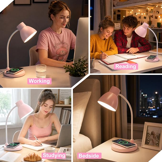 LED Desk Lamp for Home Office with Wireless Charger, Pink | 3 Color Modes Dimmable Eye-Caring Study Reading Dorm Desk Lamp, 360° Flexible Arm Table Lamp for College Dorm Room, 800 Lumen
