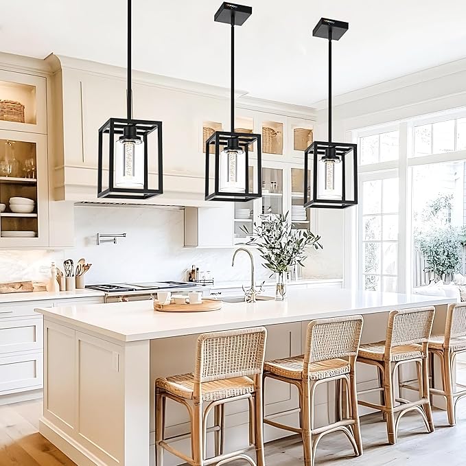 MELUCEE Black Pendant Lights Kitchen Island 1-Light, 5 Color Dimmable Led Pendant Light Ceiling Hanging Over Sink with Crystal Bubble Glass, Modern Integrated LED Hanging Light Dining Room Lighting