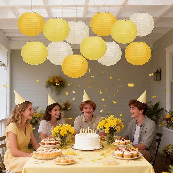 12 Pcs Yellow Paper Lanterns, 10" Hanging Paper Lanterns, Yellow Party Decorations for Engagement Wedding Sunshine Birthday Party Classroom Home Decor