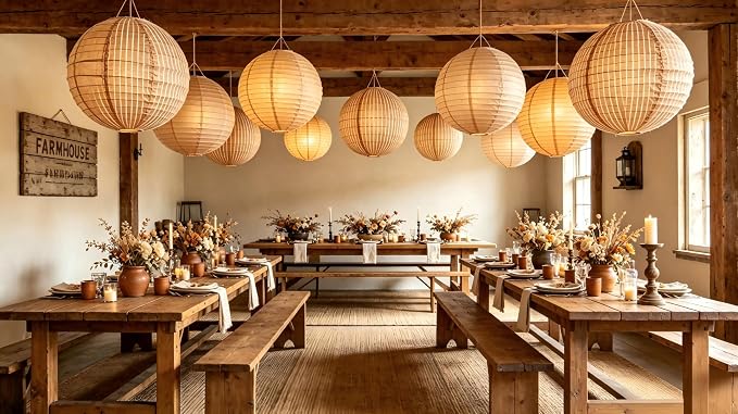 ZOOYOO Print Burlap Paper Lanterns, 8 Pcs Boho Hanging Lanterns with Rustic Pattern, Brown Burlap Paper Lanterns for Bohemian Wedding, Farmhouse Decor, Thanksgiving and Birthday, 8 and 10 Inch
