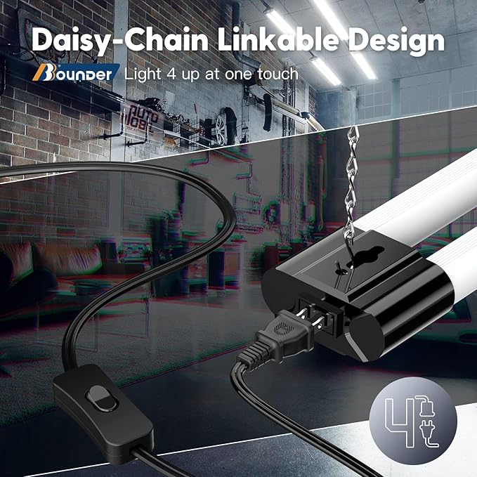 Bbounder 10 Pack Linkable LED Utility Shop Light, 4400 LM, 6500K Cool Daylight, 4 FT Integrated Fixture for Garage, 40W Equivalent 250W, Surface + Suspension Mount, Black