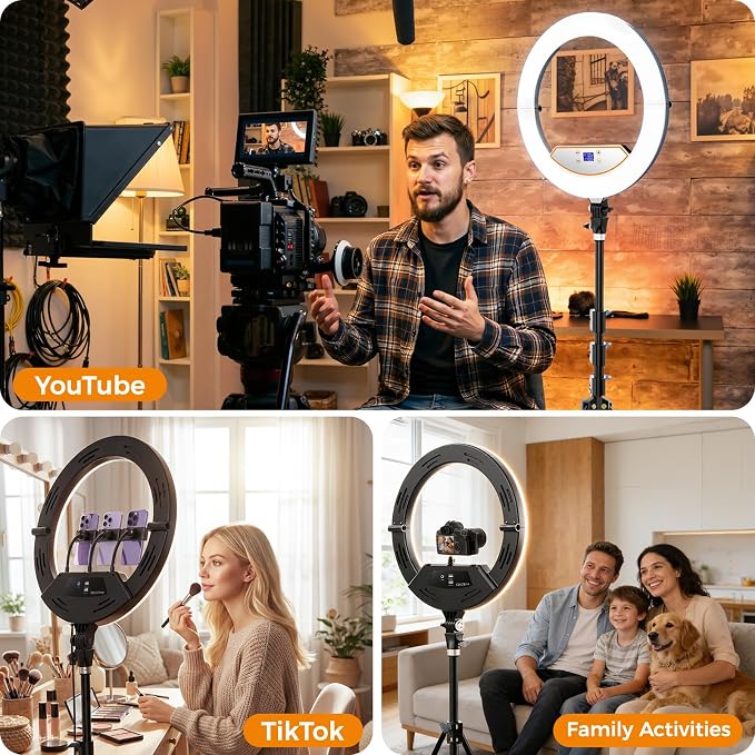 18" Ring Light with Stand: Touch Screen LED Display & 60" Tall Tripod, | 3 Color modes 6500K / 2 USB Ports Foldable LED Big Ring Light Tripod for Live Stream,YouTube,TikTok Video Shooting