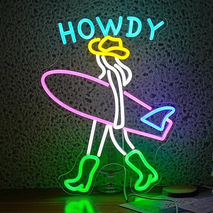Surfer Neon Sign LED USB Howdy Cowboy Light Up Sign for Wall Decor Dimmable Lady Surfboard Neon Light for Seaside Sand Beach Surf Clubs Cowboy Room Decor(Multicolored)