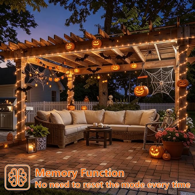 YEGUO Solar Halloween Lights, 2 Packs Each 33ft 100 LED String Lights Outdoor Waterproof, 8 Modes Fairy Lights in Clear Thin Tube for Camping Fence Patio Garden Trampoline Deck(Orange)