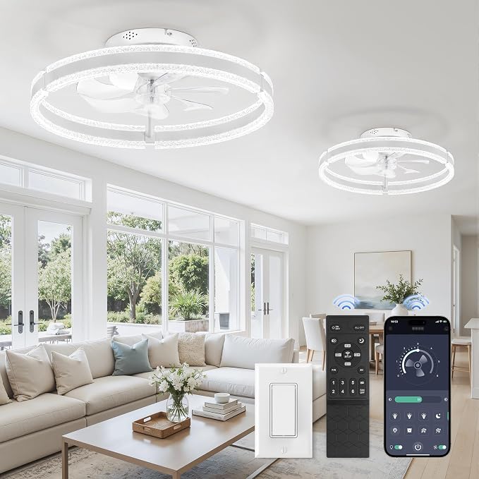 LEDIARY 20'' Low Profile Ceiling Fans with Lights and Remote, White, 2 Pack | 3000-6000K Dimmable LED, 6 Wind Speeds, Quiet Reversible DC Motor, Small Flush Mount Fandelier for Bedroom, Living Room