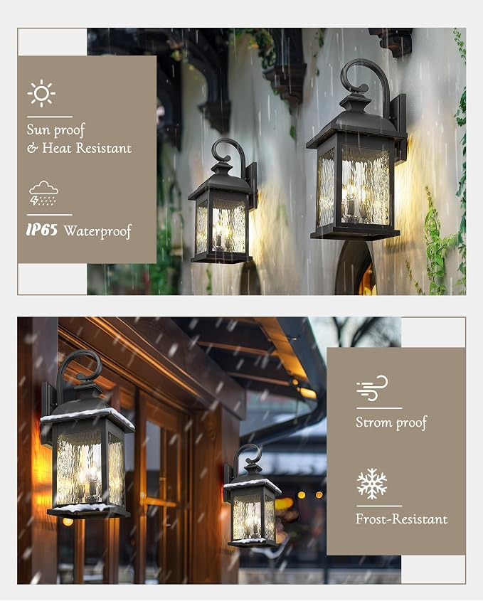 FEMILA 26" Outdoor Wall Light, Large Exterior Wall Lantern with Water Ripple Glass, 3-Light Outdoor Wall Light Fixtures for Entryway, Patio, Garage, Doorway, E12 Base, 4FD54B-L BK