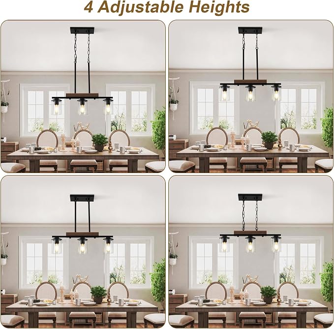 23.6" Dining Room Fixture Over Table,Farmhouse Chandelier | 3-Light, Black Modern Rustic Wood Pendant, Adjustable Height, Clear Glass Shade, Linear Hanging Lighting for Kitchen Island
