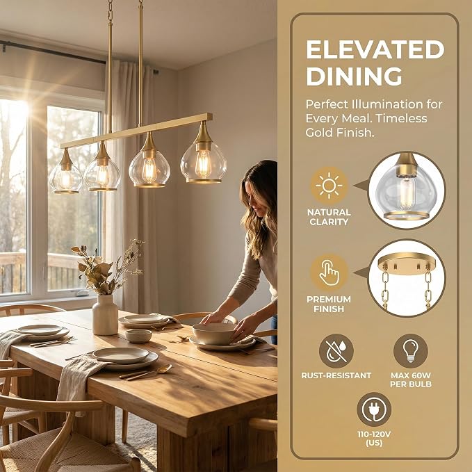 Kitchen Island Linear Pendant Light, 4-Light Gold Dining Room Chandelier with Clear Glass Globe Shades, Modern Linear Lighting Fixture Over Table