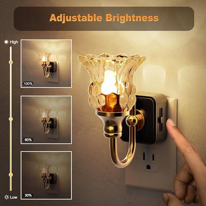JandCase Night Light, Floral Night Lights Plug into Wall, Glass Nightlight | 0-100LM Dimmable Flower LED Nightlights with Light Sensor, 1W Vintage Nite Light for Bathroom Hallway Gift Vanity Decor