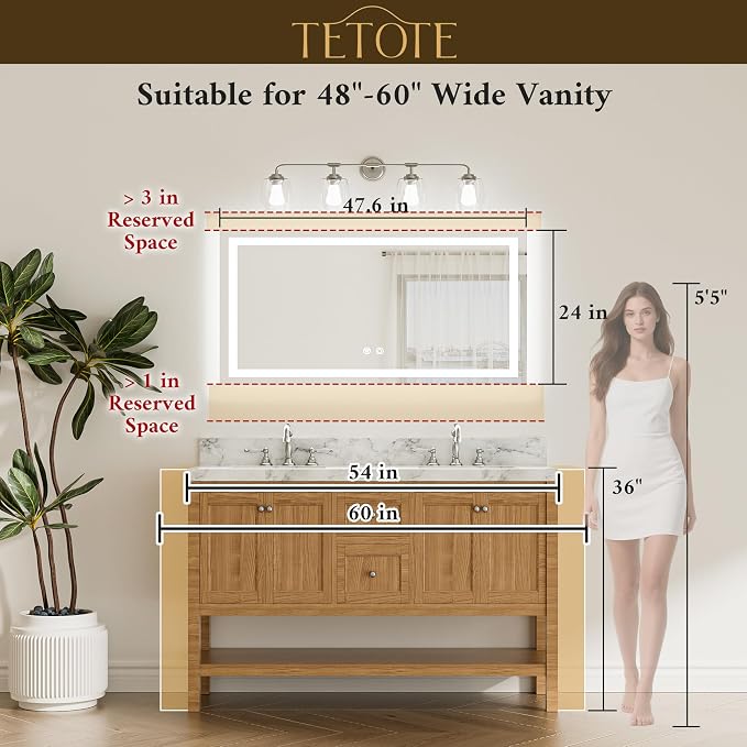 LED Light up Bathroom Mirror Wall Mounted 48 x 24 Inch Brighter Front and Backlit Lighted Bathroom Vanity Anti Fog Mirror with Lights, 3-Color Dimmable Illuminated, Waterproof
