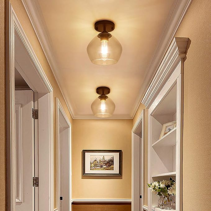 Modern Semi Flush Mount Ceiling Light with Clear Glass Shade, Black | Quick & Easy Installation, Premium Quality, Gold Accent, Perfect for Hallway Kitchen Entryway Laundry