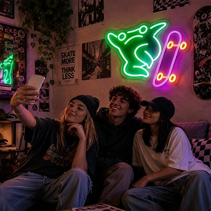 Frog Neon Lights Signs Neon Sign Led Sign Light for Wall Decor | Skateboard Frog Neon Sign for Room Decor,Man Cave Decoration,Dormroom,Wall Decor,Gift,5V USB Powered Dimmable