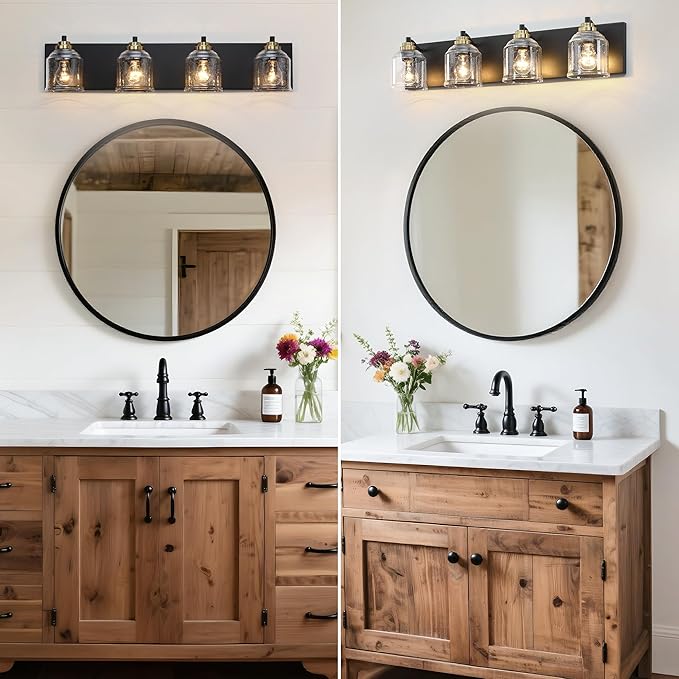31.5" Large Farmhouse Bathroom Vanity Light,4-Light Black and Gold Metal Vanity Light with Bubble Glass Shades,Rustic Wall Sconce Lighting Fixtures Over Mirror for Barhroom,Kitchen. BD005-4-BG