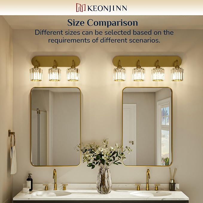 Keonjinn 5-Light Crystal Bathroom Light Fixtures Over Mirror, Gold | Vanity Lighting Fixture with Square Shades, Dimmable, Modern Style, Compatible with E26 Base LED Bulbs (Blub Not Included)