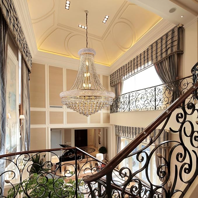 28" W 15 Light Luxury Foyer Chandeliers, Unique Empire K9 Crystal Chandelier for High Ceiling Foyer Entryway Living Room (Gold)